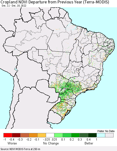 Brazil Cropland NDVI Departure from Previous Year (Terra-MODIS) Thematic Map For 12/11/2022 - 12/18/2022