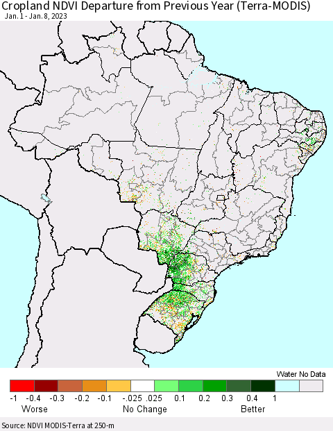 Brazil Cropland NDVI Departure from Previous Year (Terra-MODIS) Thematic Map For 1/1/2023 - 1/8/2023