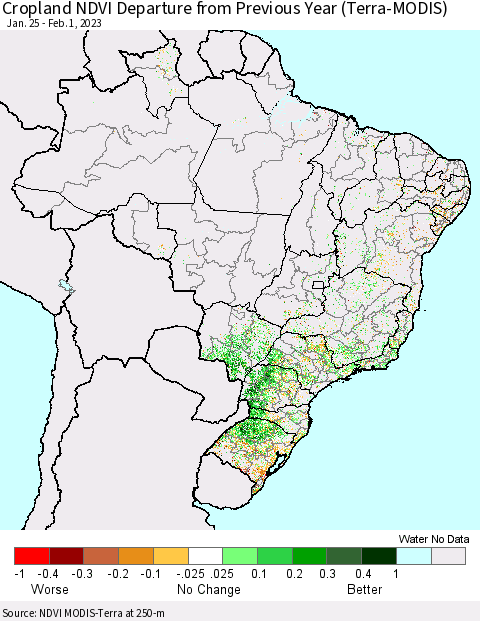 Brazil Cropland NDVI Departure from Previous Year (Terra-MODIS) Thematic Map For 1/25/2023 - 2/1/2023
