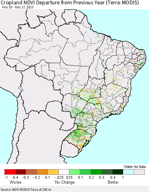 Brazil Cropland NDVI Departure from Previous Year (Terra-MODIS) Thematic Map For 2/10/2023 - 2/17/2023