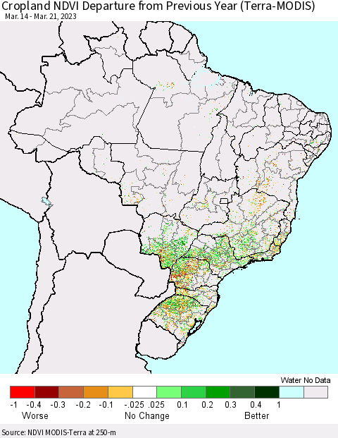 Brazil Cropland NDVI Departure from Previous Year (Terra-MODIS) Thematic Map For 3/14/2023 - 3/21/2023