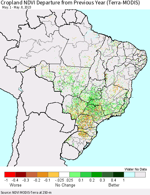 Brazil Cropland NDVI Departure from Previous Year (Terra-MODIS) Thematic Map For 5/1/2023 - 5/8/2023