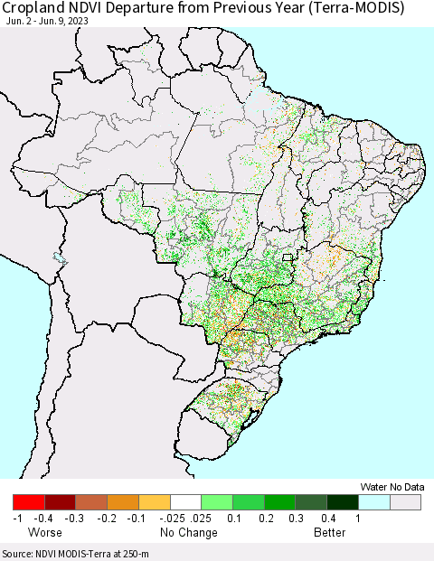 Brazil Cropland NDVI Departure from Previous Year (Terra-MODIS) Thematic Map For 6/2/2023 - 6/9/2023