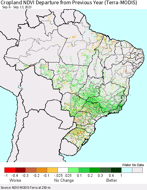 Brazil Cropland NDVI Departure from Previous Year (Terra-MODIS) Thematic Map For 9/6/2023 - 9/13/2023