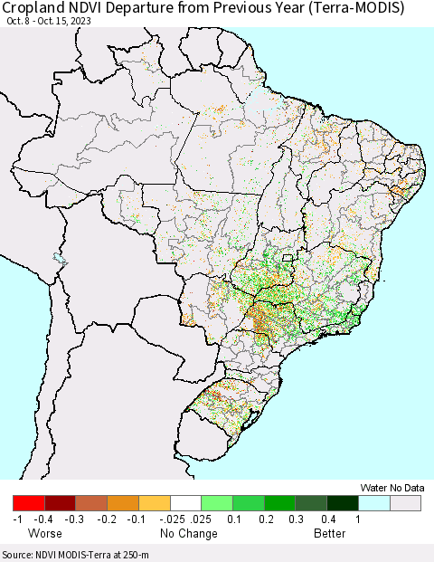Brazil Cropland NDVI Departure from Previous Year (Terra-MODIS) Thematic Map For 10/8/2023 - 10/15/2023