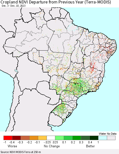 Brazil Cropland NDVI Departure from Previous Year (Terra-MODIS) Thematic Map For 12/3/2023 - 12/10/2023