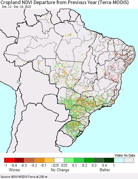Brazil Cropland NDVI Departure from Previous Year (Terra-MODIS) Thematic Map For 12/11/2023 - 12/18/2023