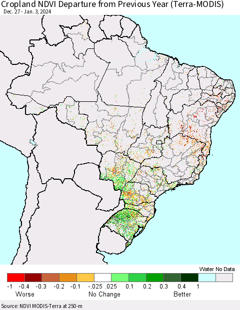 Brazil Cropland NDVI Departure from Previous Year (Terra-MODIS) Thematic Map For 12/27/2023 - 1/3/2024