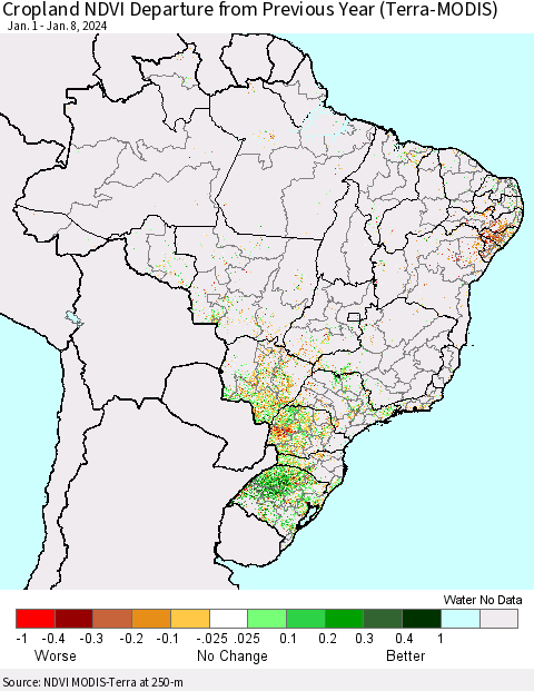 Brazil Cropland NDVI Departure from Previous Year (Terra-MODIS) Thematic Map For 1/1/2024 - 1/8/2024