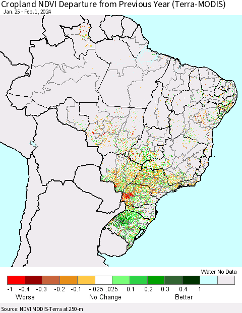 Brazil Cropland NDVI Departure from Previous Year (Terra-MODIS) Thematic Map For 1/25/2024 - 2/1/2024