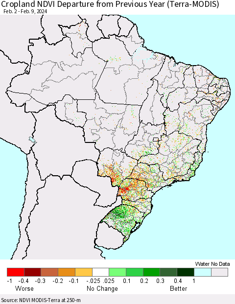 Brazil Cropland NDVI Departure from Previous Year (Terra-MODIS) Thematic Map For 2/2/2024 - 2/9/2024