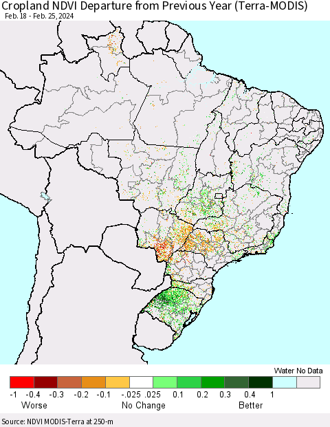 Brazil Cropland NDVI Departure from Previous Year (Terra-MODIS) Thematic Map For 2/18/2024 - 2/25/2024