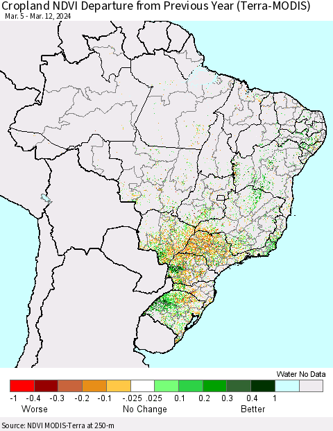 Brazil Cropland NDVI Departure from Previous Year (Terra-MODIS) Thematic Map For 3/5/2024 - 3/12/2024