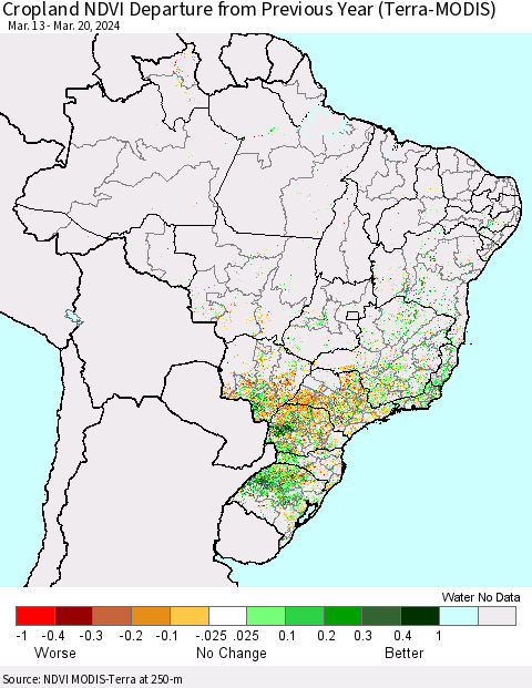 Brazil Cropland NDVI Departure from Previous Year (Terra-MODIS) Thematic Map For 3/13/2024 - 3/20/2024