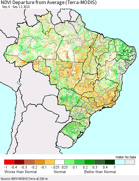 Brazil NDVI Departure from Average (Terra-MODIS) Thematic Map For 9/6/2022 - 9/13/2022