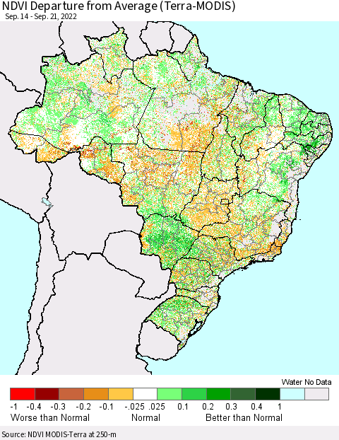Brazil NDVI Departure from Average (Terra-MODIS) Thematic Map For 9/14/2022 - 9/21/2022