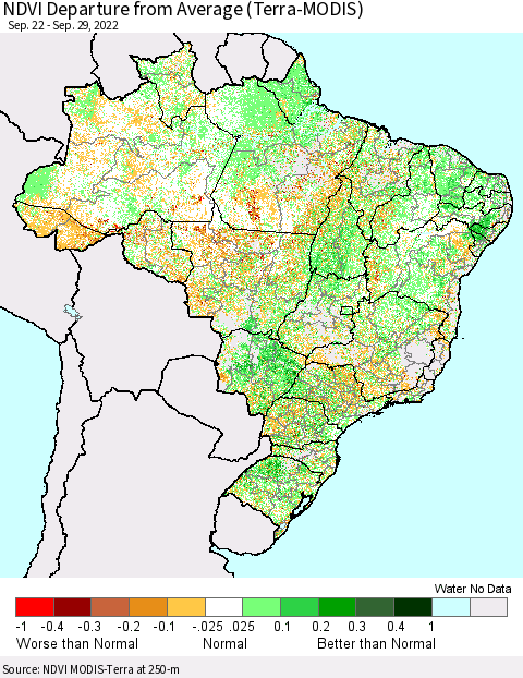Brazil NDVI Departure from Average (Terra-MODIS) Thematic Map For 9/22/2022 - 9/29/2022
