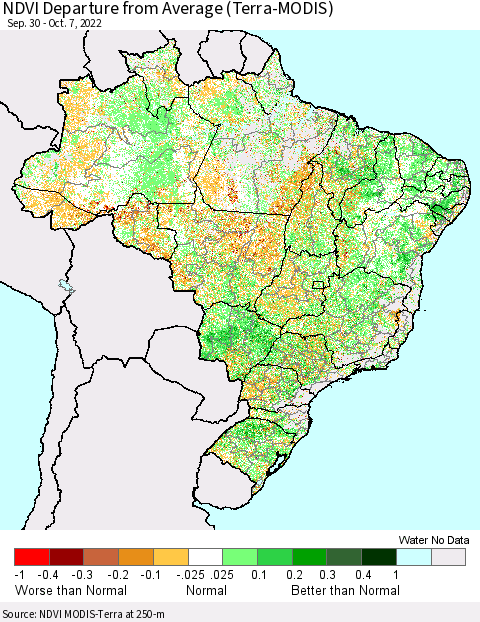 Brazil NDVI Departure from Average (Terra-MODIS) Thematic Map For 9/30/2022 - 10/7/2022