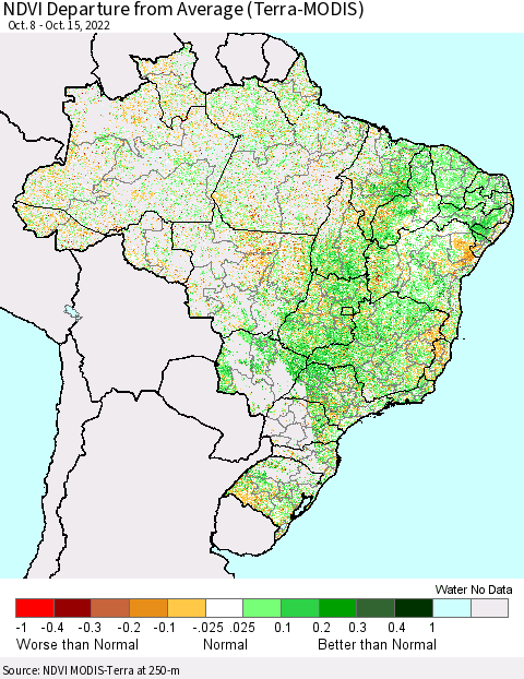 Brazil NDVI Departure from Average (Terra-MODIS) Thematic Map For 10/8/2022 - 10/15/2022
