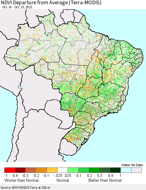 Brazil NDVI Departure from Average (Terra-MODIS) Thematic Map For 10/16/2022 - 10/23/2022