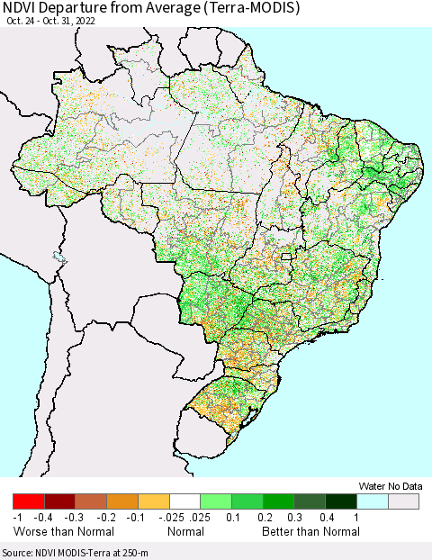 Brazil NDVI Departure from Average (Terra-MODIS) Thematic Map For 10/24/2022 - 10/31/2022