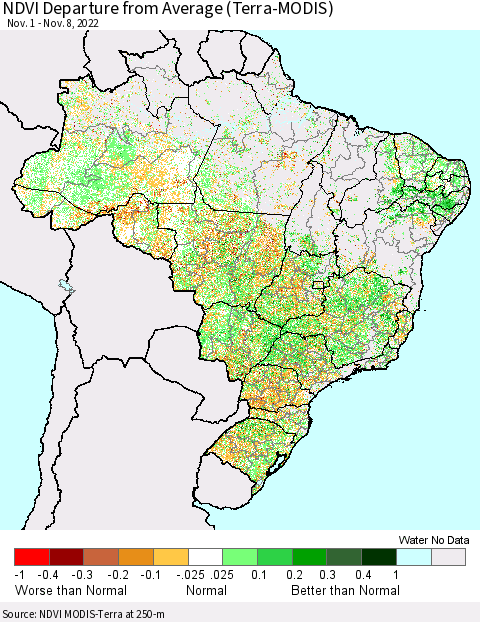 Brazil NDVI Departure from Average (Terra-MODIS) Thematic Map For 11/1/2022 - 11/8/2022