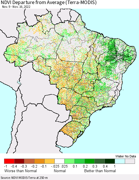 Brazil NDVI Departure from Average (Terra-MODIS) Thematic Map For 11/9/2022 - 11/16/2022