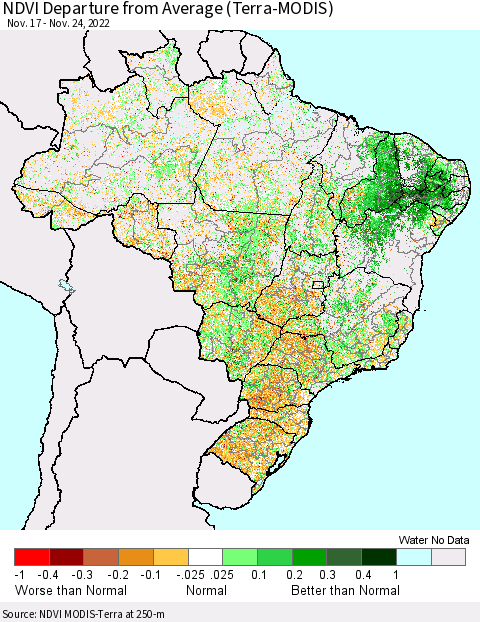 Brazil NDVI Departure from Average (Terra-MODIS) Thematic Map For 11/17/2022 - 11/24/2022