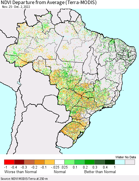 Brazil NDVI Departure from Average (Terra-MODIS) Thematic Map For 11/25/2022 - 12/2/2022