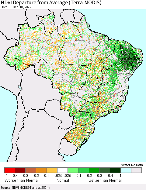 Brazil NDVI Departure from Average (Terra-MODIS) Thematic Map For 12/3/2022 - 12/10/2022