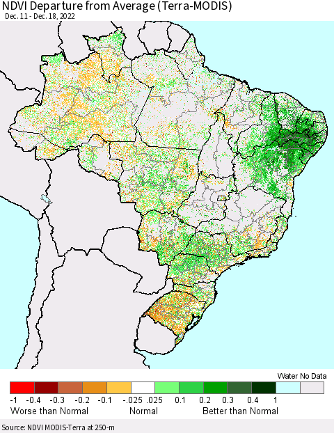 Brazil NDVI Departure from Average (Terra-MODIS) Thematic Map For 12/11/2022 - 12/18/2022