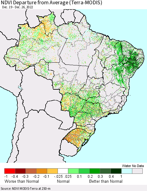 Brazil NDVI Departure from Average (Terra-MODIS) Thematic Map For 12/19/2022 - 12/26/2022
