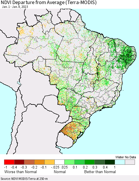 Brazil NDVI Departure from Average (Terra-MODIS) Thematic Map For 1/1/2023 - 1/8/2023