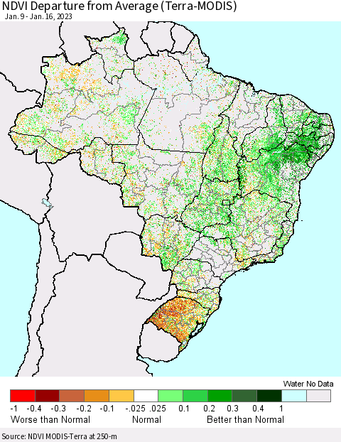 Brazil NDVI Departure from Average (Terra-MODIS) Thematic Map For 1/9/2023 - 1/16/2023