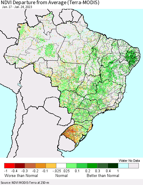 Brazil NDVI Departure from Average (Terra-MODIS) Thematic Map For 1/17/2023 - 1/24/2023