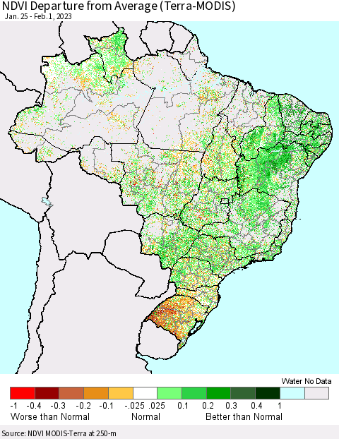Brazil NDVI Departure from Average (Terra-MODIS) Thematic Map For 1/25/2023 - 2/1/2023