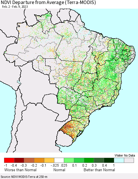 Brazil NDVI Departure from Average (Terra-MODIS) Thematic Map For 2/2/2023 - 2/9/2023