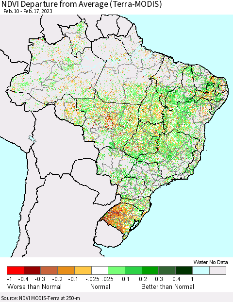 Brazil NDVI Departure from Average (Terra-MODIS) Thematic Map For 2/10/2023 - 2/17/2023