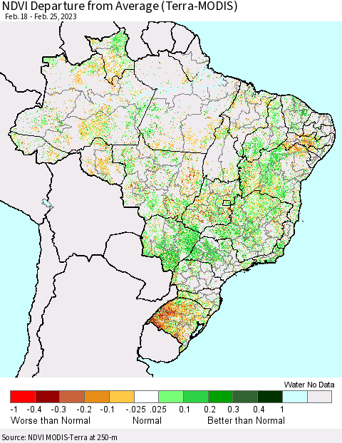 Brazil NDVI Departure from Average (Terra-MODIS) Thematic Map For 2/18/2023 - 2/25/2023
