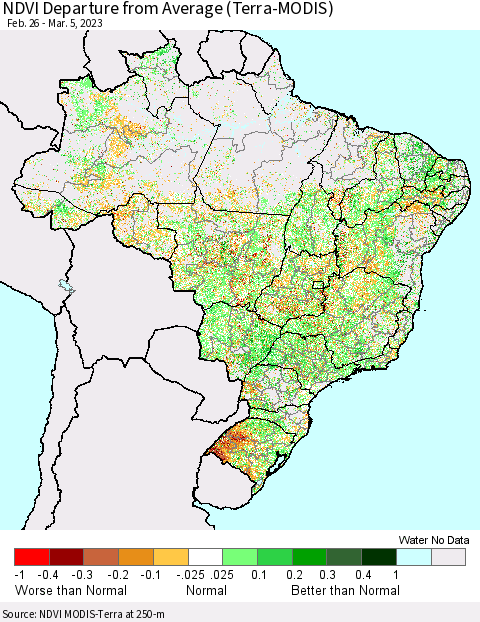 Brazil NDVI Departure from Average (Terra-MODIS) Thematic Map For 2/26/2023 - 3/5/2023