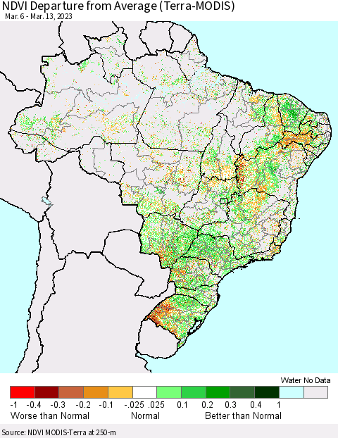 Brazil NDVI Departure from Average (Terra-MODIS) Thematic Map For 3/6/2023 - 3/13/2023