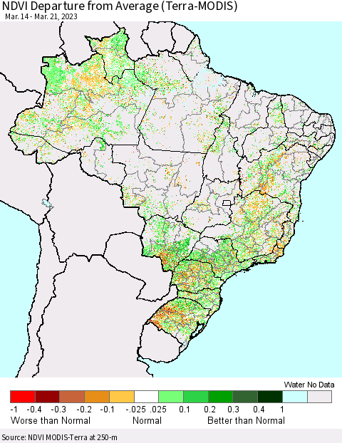 Brazil NDVI Departure from Average (Terra-MODIS) Thematic Map For 3/14/2023 - 3/21/2023