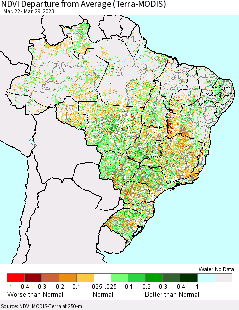 Brazil NDVI Departure from Average (Terra-MODIS) Thematic Map For 3/22/2023 - 3/29/2023
