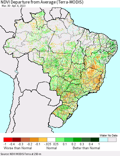 Brazil NDVI Departure from Average (Terra-MODIS) Thematic Map For 3/30/2023 - 4/6/2023