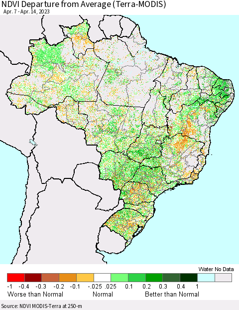 Brazil NDVI Departure from Average (Terra-MODIS) Thematic Map For 4/7/2023 - 4/14/2023