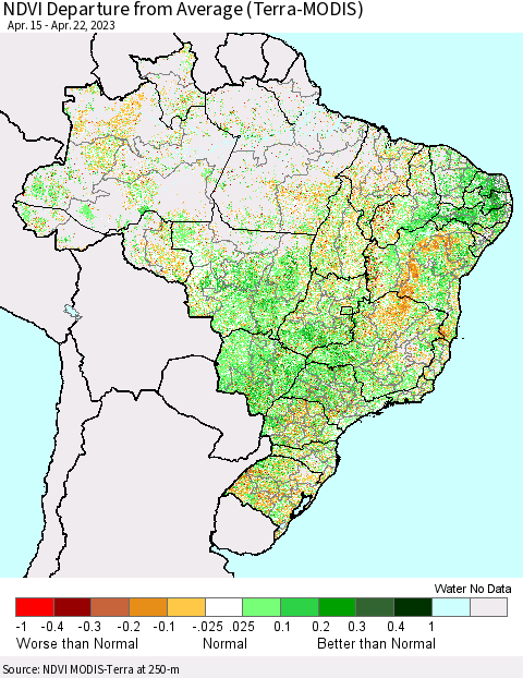 Brazil NDVI Departure from Average (Terra-MODIS) Thematic Map For 4/15/2023 - 4/22/2023