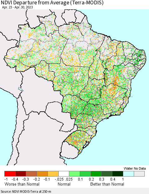 Brazil NDVI Departure from Average (Terra-MODIS) Thematic Map For 4/23/2023 - 4/30/2023