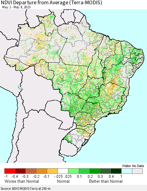 Brazil NDVI Departure from Average (Terra-MODIS) Thematic Map For 5/1/2023 - 5/8/2023