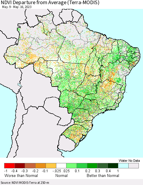 Brazil NDVI Departure from Average (Terra-MODIS) Thematic Map For 5/9/2023 - 5/16/2023