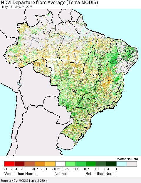 Brazil NDVI Departure from Average (Terra-MODIS) Thematic Map For 5/17/2023 - 5/24/2023